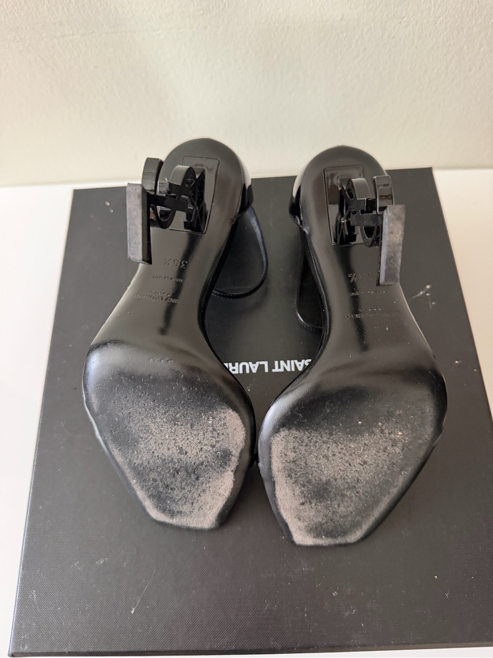Saint Laurent Black Patent YSL Sculptural Heel Sandals - Picture 8 of 10